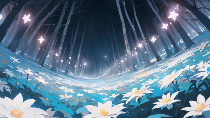 A vacant lot，Flowers grow in open spaces，In the distance is a dark forest，The flowers are bright，light sparkles，Clear skies change from above to dark skies，Look at the camera from below，Dark lighting，volume illumination，super-detail，Environmental details，h...