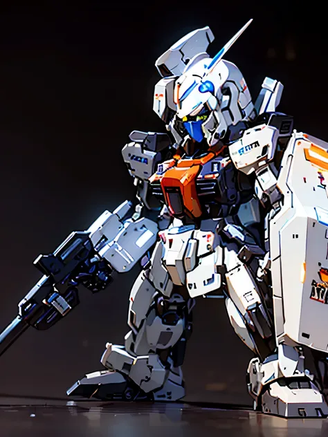 a close up of a toy robot with a gun and a machine, white mecha, mobile suit, gundam, gundam armor, gunpla, ferra white mecha, gundam style, gundam robot, action figure mecha, high quality masterpiece painted, barbatos gundam, very very high detailed, silv...