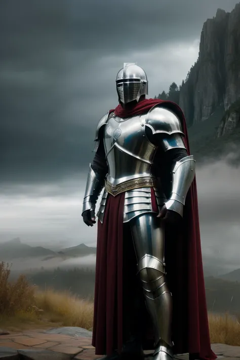 Hyper-realistic movie scene: A valiant knight from the 14th century, clad in shiny metallic armor and a red cape, stands proudly next to a towering mountain rock. Rain pelts down relentlessly, creating intricate bead patterns on the knights armor, while a ...