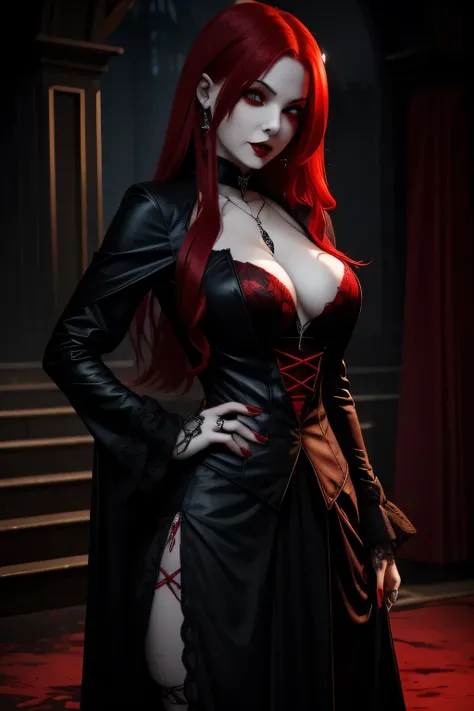 "seductive female vampire with gothic attire, blood red hair, and vampire fangs stained with blood."