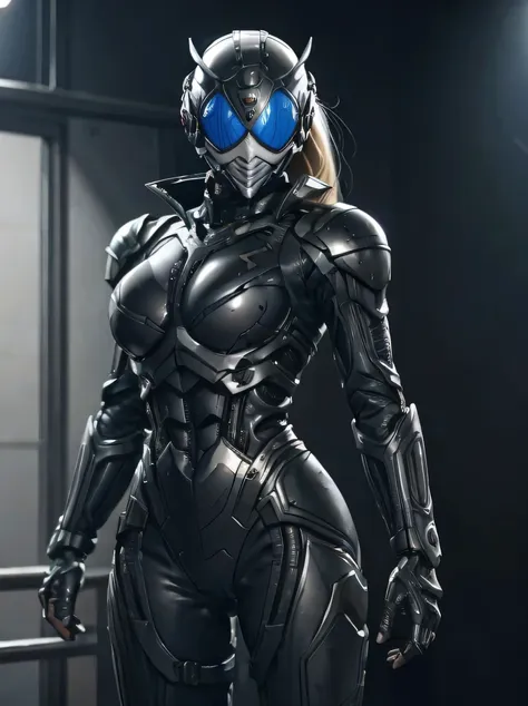 ((masterpiece、highest quality、Super detailed、High resolution、realistic、sharp focus、cinematic lighting))、1 adult female、supple physique、female body shape、long blonde hair、bust shot、high contrast、military black reinforced armor suit、intricate details、militar...