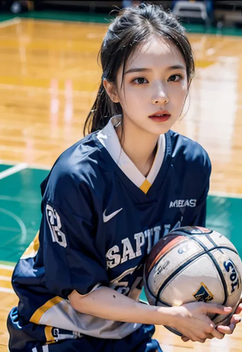 （8k， best quality， master piece：1.2），High resolution，1 girl，real looking skin，dynamic light and shadow,sharp focus,Depth of the bounds written,eyes are delicate,Realisticな生徒, playful expression， wear a basketball uniform，perfect body，the biggest，on the bas...