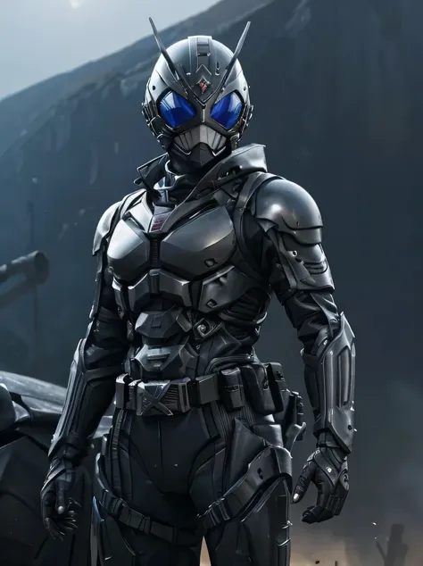 ((masterpiece、highest quality、Super detailed、High resolution、realistic、sharp focus、cinematic lighting))、1 adult female、cowboy shot、high contrast、military black reinforced armor suit、intricate details、military full face helmet、full face goggles、black combat...