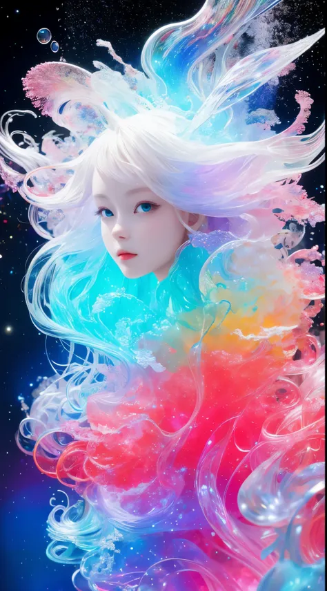 a girl，rainbow colors的头发，romanticized nature，curls，a dreamlike realm，light white and light red，the atmosphere is very good，wave....