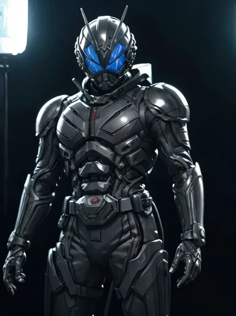 ((masterpiece、highest quality、Super detailed、High resolution、realistic、sharp focus、cinematic lighting))、1 adult female、supple physique、bust shot、high contrast、military black reinforced armor suit、intricate details、military full face helmet、full face goggle...