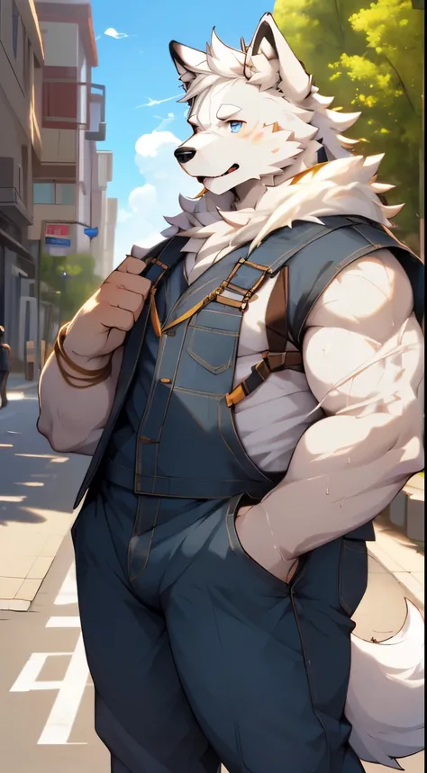 (best quality, 4k, highres, realistic:1.2), samoyed dog，furry, white-haired, thin man, naked, powerful, ultra-clear, young kid:1.1, black overalls, gold pupils, big eyes:1.1,  tongue hanging out in anticipation, snicker, elegance, abdominal muscle, giant, ...