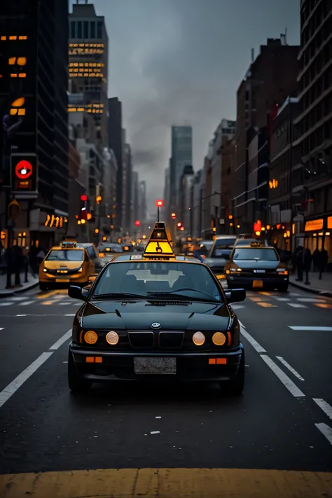 taxi bmw e30 on New York streets, busy traffic, super realistic, 4k, foggy weather, a lot of people around 