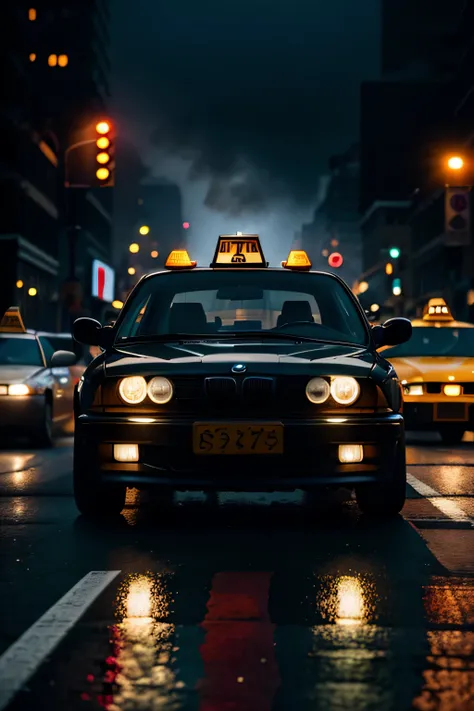 taxi,bmw e30,New York streets,foggy weather,busy traffic,realistic,4k,ultra-detailed,highres,masterpiece:1.2,lot of people around