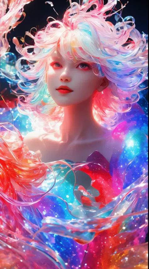 a girl，rainbow colors的头发，romanticized nature，curls，a dreamlike realm，light white and light red，the atmosphere is very good，wave....