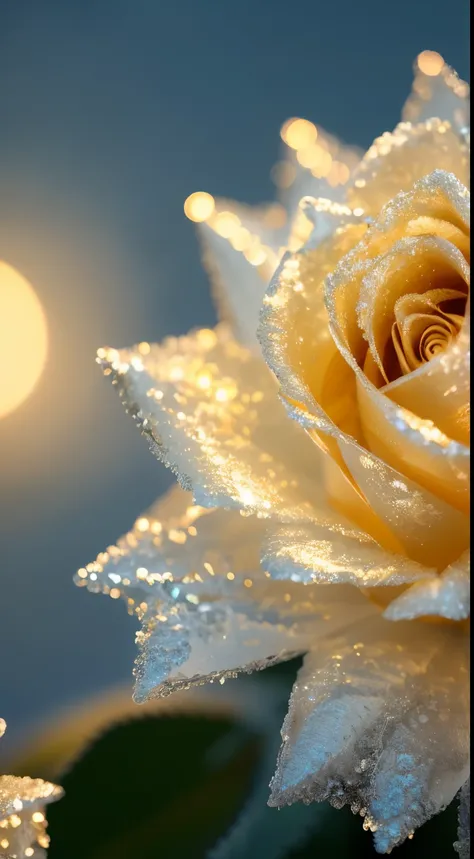 frost, gold, Rose,one flower, frozen,Crystal material, dramatic lighting, photorealism, Super detailed, 4k, depth of field, High resolution