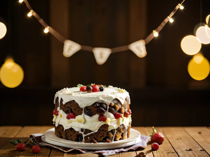 fruit cake and juice on table with blurred background and lights
