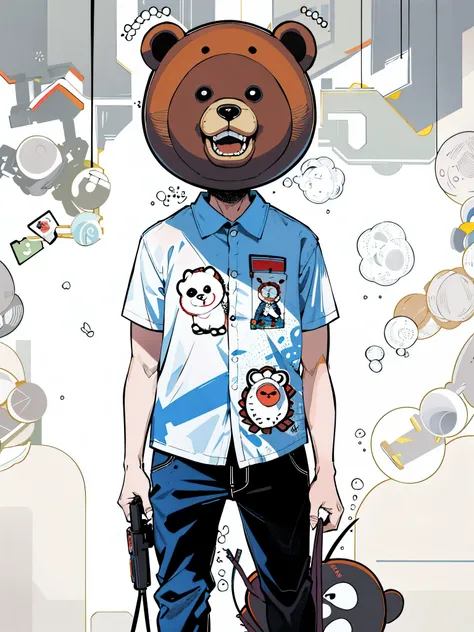 Bearhead, portrait of anthropomorphic bear, big head, big headで, Inspired by Ron English, Bubble head, alex pardee, full body mascot, gray personification, A sad man wears a bear mask, Asano Inoi&#39;illustration of、line drawing、comics、High resolution、high...