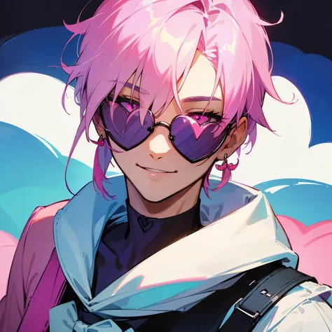 Portrait of a cute and sweet anime boy smiling and wearing heart sunglasses. He has a pink and blue bob and pink eyes. He is wearing feminine clothing and expensive jewelry. 