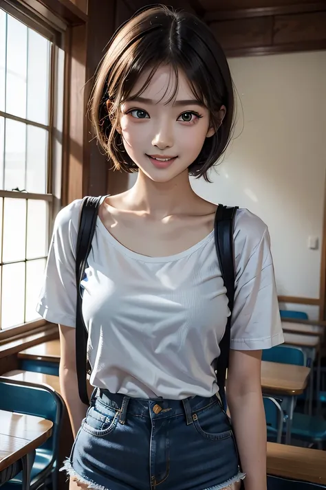 one girl, Japanese high school student, (a beauty girl, delicate girl:1.3), (16 years old, gal:1.3), (denim shorts:1.2), very fine eye definition, (symmetrical black eyes:1.3), stare at the camera, A big smile, show teeth, (school room view:1.2), small bre...