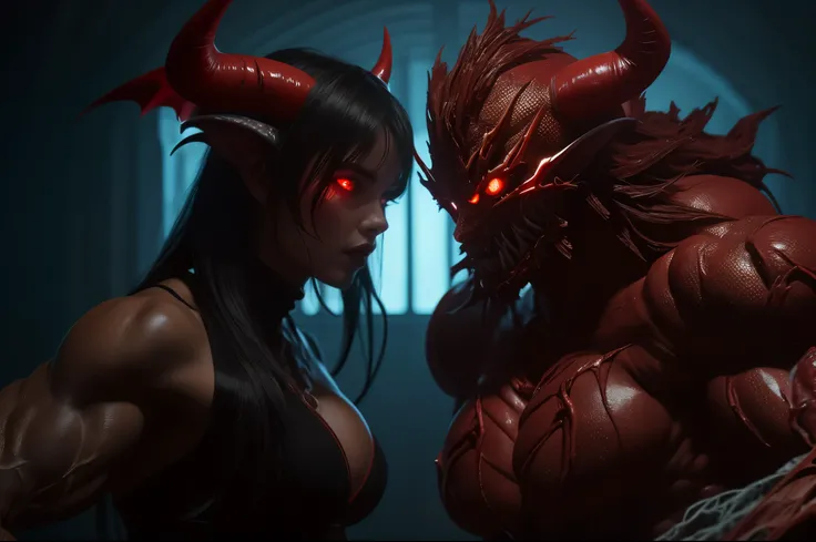 (carnage:1.5),(beautiful female model:1.5), (demoness with Large horns:1.25),(1 super muscular succubus with flayed skin:1.5), (covered in thick muscle suit:1.5), (exposed perfect anatomy:1.5), high detail, best quality, masterpiece, finely detail, realist...