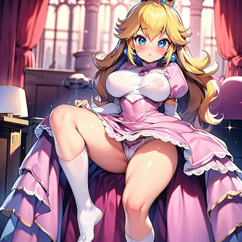 (masterpiece,highest quality, become familiar with), 1 girl, alone, little princess pichi, pink dress,lace fancy panties,sit with legs apart,open thighs,blush,high socks,big breasts 2.0,My clothes are transparent,I can see the nippley underwear is transpar...