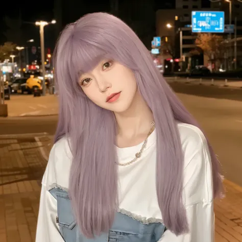 arafed woman with long purple hair standing on a sidewalk, long Light purple hair, Long hair with bangs, long violet hair, Long hair in pastel colors, Long hair with bangs, long purple hair, Light purple, long violet hair, long purple hair, wig, pink strai...