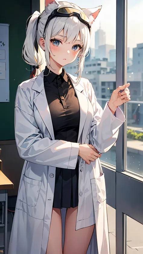 1girl, (confidence:1.1, :3, blush:1.1, long twintail hair, black goggles:1.1), white hair, black eyes, dog ears, large breast, wallpaper, landscape, depth of field, morning, school science room, light particles, light rays, sidelighting, japanese school un...