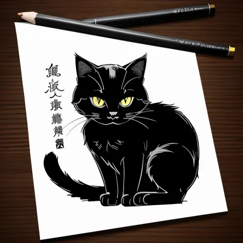 Drawing 标识 Design, Logo 1 black cat, beautiful line art, pencil and ink comics, black and white coloring, Drawing sign