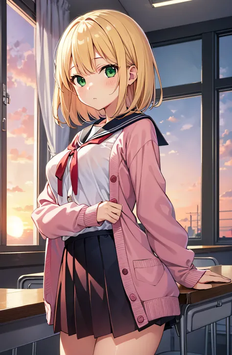 one girl、gal、beautiful blonde、medium hair、bangs、slanted eyes、narrow eyes、green eyes、Small devil、big breasts(C cup)、cute face、cute anime illustration、pink cardigan、sailor suit、long sleeve、red ribbon、black skirt、classroom、No expression、sunset