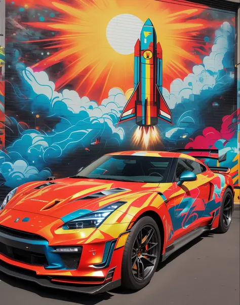 GT R car parked in front of a colorful wall with a rocket on it, street art 8 k, anime car wrap, samurai vinyl wrap, high quality wallpaper, amazing wallpaper, hq 4k phone wallpaper, 4 k post, 4k post, contest winning masterpiece, no words 4 k, 🪔 🎨;🌞🌄