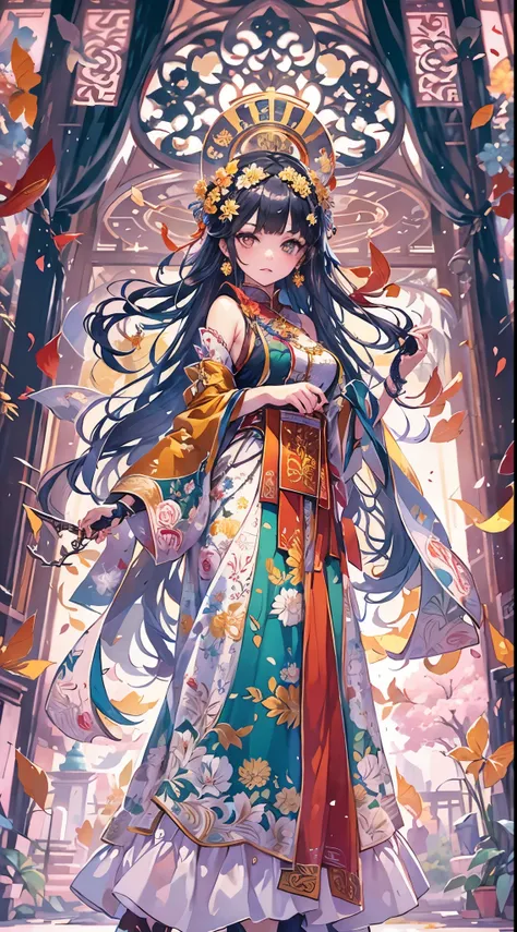 best quality, masterpiece, Super detailed high resolution, (actual: 1.4), Watercolor style, illustration, Dazzling background colors,, 1 girl with weapons, (Solo exhibition: 1.2), (denim lenses: 1.2), (hair crown: 1.2), Traditional chinese dunhuang style c...