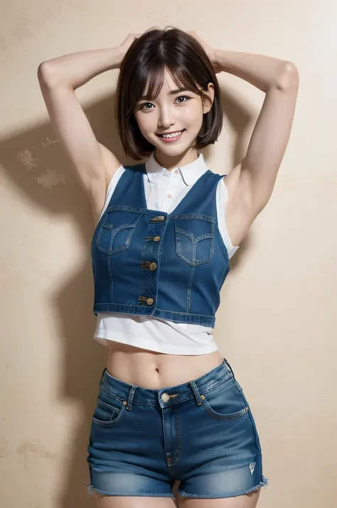 (one girl:1.3), Short hair, Amazing face and eyes, Looking at the camera, Smile full of joy、show teeth、Raise your hands behind your head、Show the armpits、(denim sleeveless vest, denim shorts1.2),(Best Quality:1.4), extremely detailed CG unified 8k wallpape...