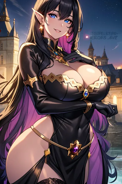 olga discordia, long black hair, long elf ears, dark elf, colored skin, brown skin, hair stick, bangs, blue eyes, solo, smiling, standing, upper body, hips, bare shoulders,purple thighhighs,whie dress, gold jewelry,armor,gloves,circlet, cleavage, red and g...