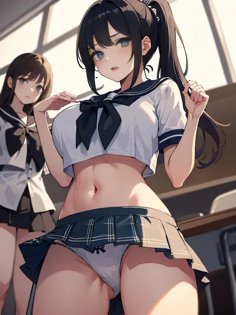 highest quality、High resolution、detailed background、beautiful and detailed face、beautiful and smooth skin、skin texture、professional lighting、Beautiful teenage girl、(two beautiful girls)、(huge breasts:1.1)、cute sailor suit、cute white sailor collar、Pleated m...