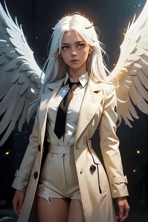 (masterpiece, best quality:1.3), (ultra-detailed:1.3), 1girl, solo, (white hair, messy hair, long hair), (angel wings, angel halo), flat chest, yellow eyes, (white shirt, black necktie, black coat, open coat), cowboy shot, cinematic lighting, (((glowing li...