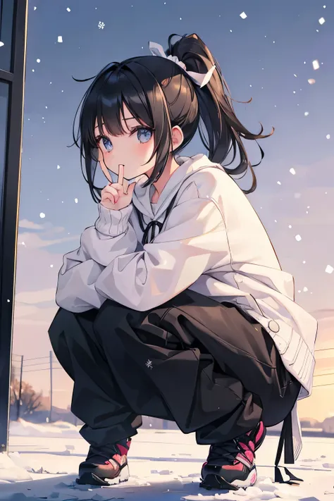 1 girl, ponytail,  baggy pants, it&#39;s snowing in the background, whole body, squatting down, wearing a cardigan over, moe sle...