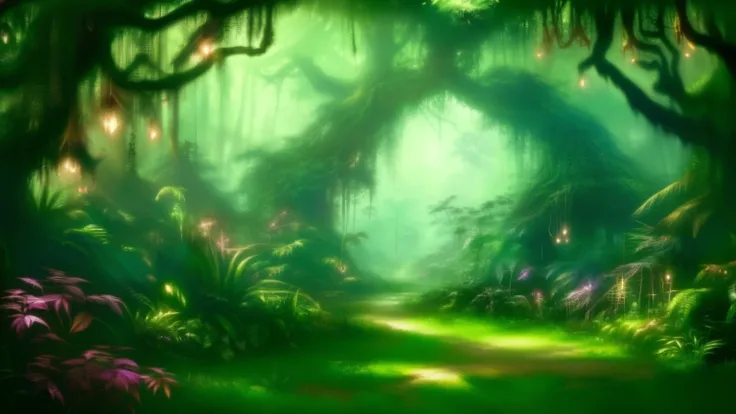 Award-winning work、fantasy world、fairy forest、jungle cartoon illustration，there are many plants and trees, background artワーク, background art, 2D game art background, jungles in the background, 2d game background, 2D game environment design, jungle backgrou...