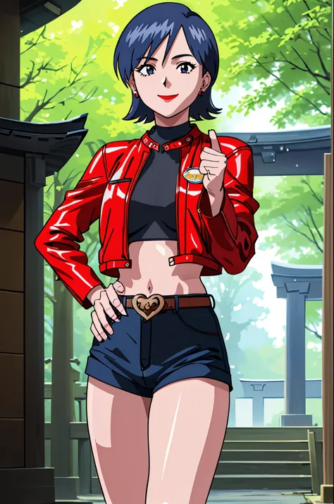 mikictr, 1 girl, alone, stud earrings, lipstick, red jacket, cropped jacket, crop top, belt, shorts, put your hand on your waist...