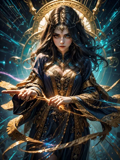 a young sorceress stands poised with one hand raised, her fingers delicately weaving intricate patterns in the air as she channe...