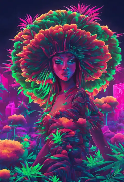 「Cannabis fields, Khemri and the Digital Age」On the theme of、Generate digital art inspired by the fusion of Kemri and digital technology。Use bright neon colors and geometric shapes、Creating images that embody the possibilities of the new digital age。