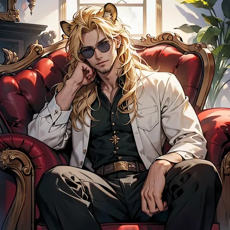 Black jacket, ((one male)), lion ears, long hair, blond, blond hair, green eyes, tall, muscular, white shirt, ((beautiful face)), ((highest quality)), ((masterpiece)), ((2d)), (anime), perfect face, (((highest detail))), feline eyes, stubble, lion tail, wa...