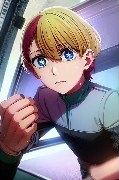 aquamarine hoshino, blue eyes, blonde hair, hair between eyes, (symbol-shaped pupils:1.5),
star-shaped pupils
 ds9st red and black uniform constricted pupils