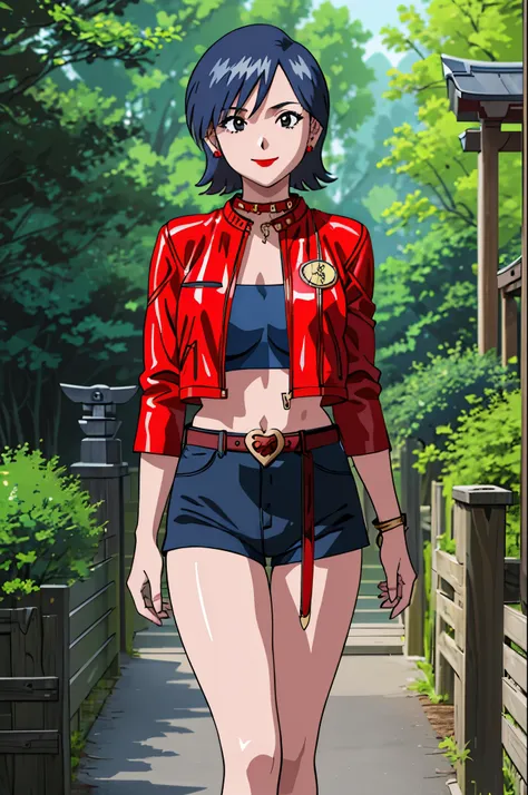 mikictr, 1 girl, alone, stud earrings, lipstick, red jacket, cropped jacket, crop top, belt, shorts, put your hand on your waist...