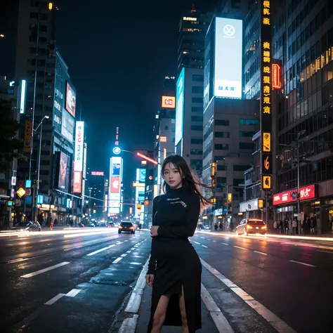 In this cyberpunk streetscape of futuristic technology and neon lights，The one in black，Beautiful woman with perfect body，Her face shape is more perfect，Like a messenger from another pure world。Her skin is fair and translucent，eyes big and bright，Sparkling...