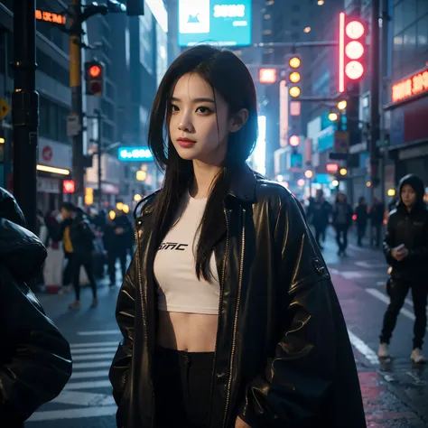 In this cyberpunk future street scene，The one in black，Beautiful woman with perfect body，In addition to her charming figure，What&#39;What&#39;s more striking is her innocent face。Her face seemed to contrast sharply with her surroundings，her eyes are very c...