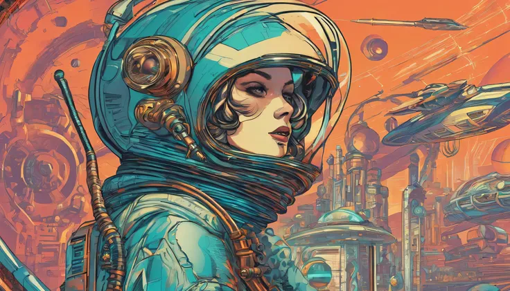 The player wears an astronaut helmet., in the style of cyberpunk-dystopias, 32 thousand. contract, Female core, bronze and amber, Fabulous scenery, gorecore, Ivan Albright