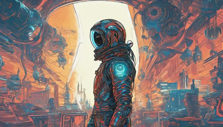 The player wears an astronaut helmet., in the style of cyberpunk-dystopias, 32 thousand. contract, Female core, bronze and amber, Fabulous scenery, gorecore, Ivan Albright