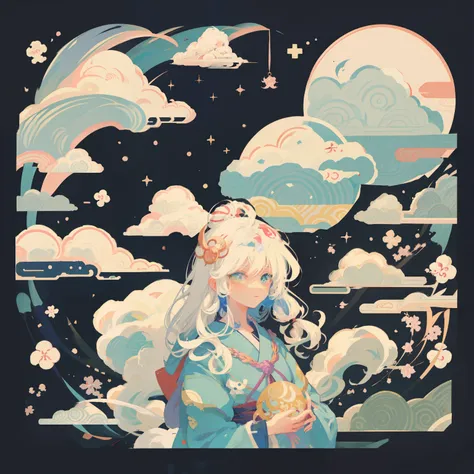 White hair，girl cloud, Cloud Goddess, anime style illustration, anime cloud, Ukiyo-e art style, Animation illustrations, Anime Fantasy Illustration, anime illustration, Cosmic hair anime girl, fantastic illustration, Fantasy psychedelic animation, lofi gir...