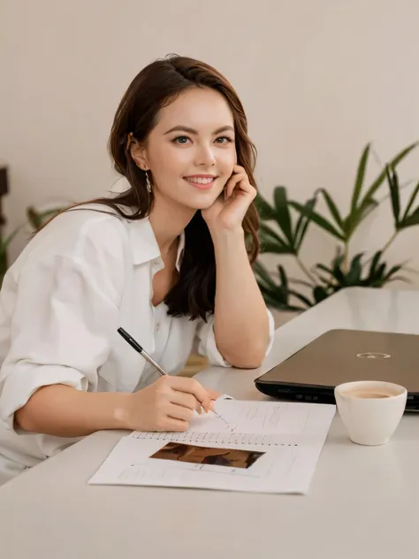 woman sitting at table smiling，hands holding laptop and notebook, john shouted, alexander waliszewska, on clitac, anna nikonova,...