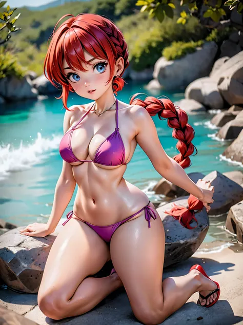 Redhead anime with pink and purple half-transparent bikini , saia, 16 anos, corpo bonito, seios grandes, with hands behind head, running your hands through your hair, Garota sexy, red short hair with braid, mechas de cabelo laterais, mechas de cabelo na la...