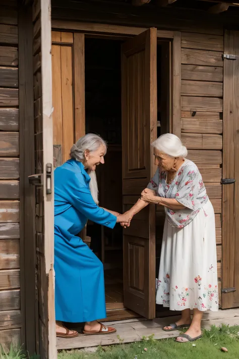 evening，There is an old couple in Greater Montenegro，Picking beans in front of a deserted wooden house，There is a leprechaun in the field in front of the door，The old couple looked leprosy