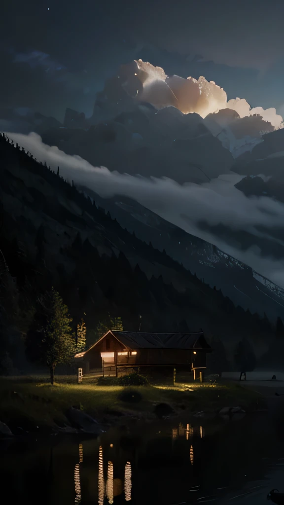 Best quality，16K Ultra Clear，the night，scenecy，Between mountains and rivers，surrounded by cloud、There is a small cabin in the distance，（Very detailed CG unity 8K wallpaper），Professional majestic oil painting，iintricate，high detal，sharp fokus，dramatics，Real...