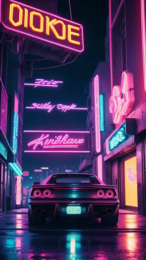 a close up of a car parked in front of a neon sign, cyberpunk art inspired by Mike Winkelmann, trending on Artstation, fantastic realism, art deco outrun anime aesthestic, synthwave neon retrofuturism, vaporwave mansion, miami synthwave, cyberpunk vaporwav...