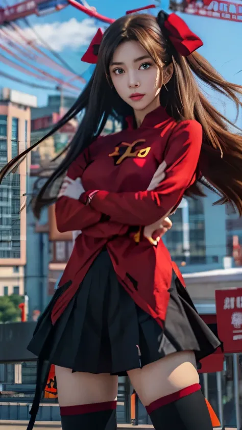 anime girl with long hair and a red shirt standing in front of a city, artgerm and atey ghailan, anime girl with long hair, ilya kuvshinov with long hair, rin tohsaka, digital anime art, anime moe artstyle, detailed digital anime art, anime styled digital ...