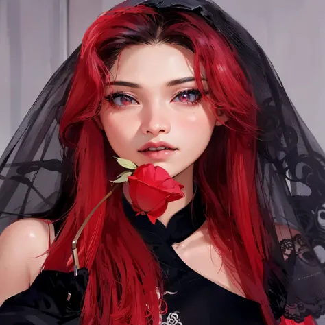 arafed woman Con cabello rojo and a veil holding a rose, retrato de jossi de blackpink, rosa roja en el pelo, Con cabello rojo, peluca roja, cruel korean gothic girl, con el pelo largo y rojo, pelo negro y rojo, dyed red hair, tonos negros y rojos, maquill...